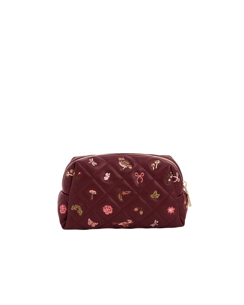 Embroidered Quilted Medium Pouch in Burgundy