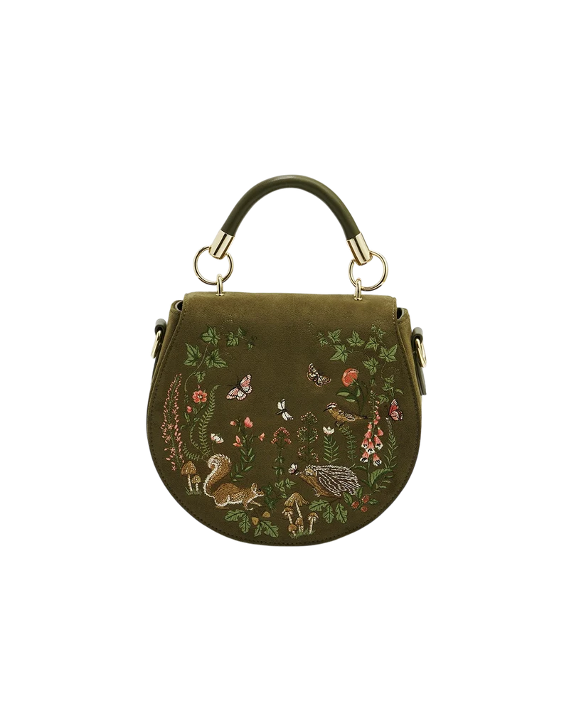 Charlotte Meadow Scene Embroidered Faux Suede Saddle Bag in Khaki