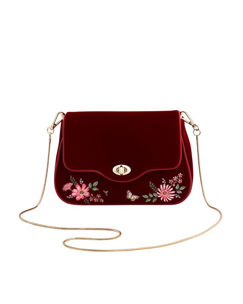 Mary Floral Embroidered Red Velvet Clutch
