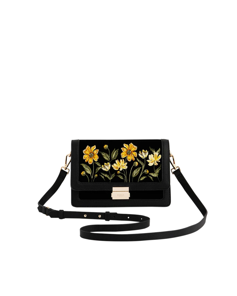 Black Botanical Velvet Embroidered Foldover Bag