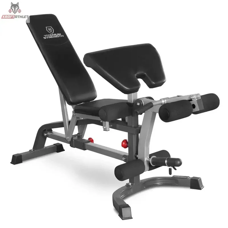 LE23 Verstellbare FID-Hantelbank mit Scott-Curl-Pult und Zubehör für Quadrizeps-Extension und liegende Beinbeuger Titanium Strength