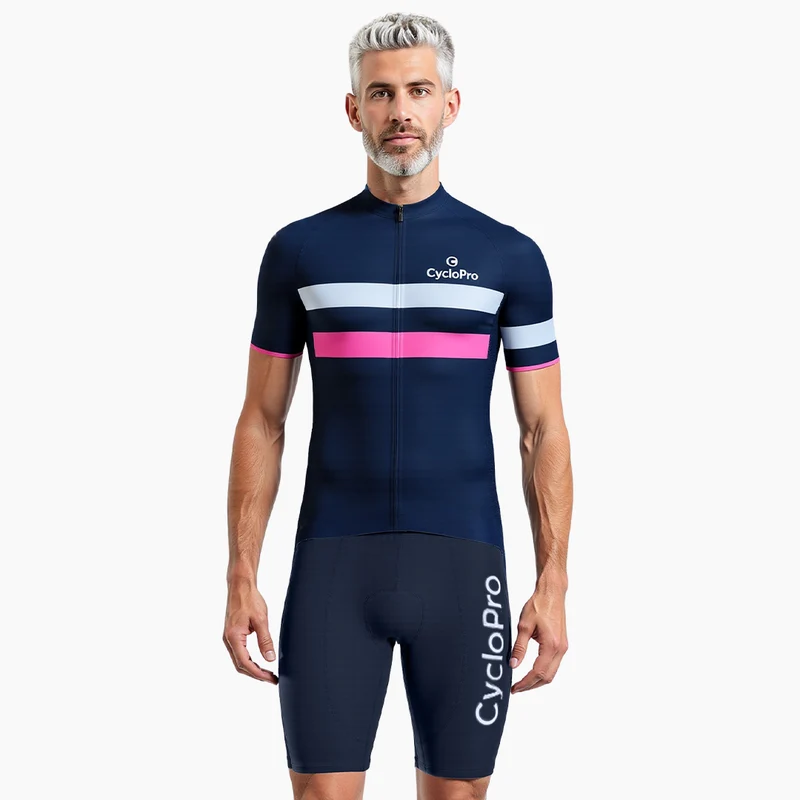 TENUE DE CYCLISTE ROUTE NOIRE (Bandes Blanche et Rose) - ELEGANCE+