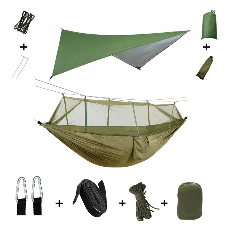 Hamac de couchage en kit 3 en 1 en toile de parachute avec moustiquaire et tarp anti-pluie "Dutrieux Outdoor- DL010009"
