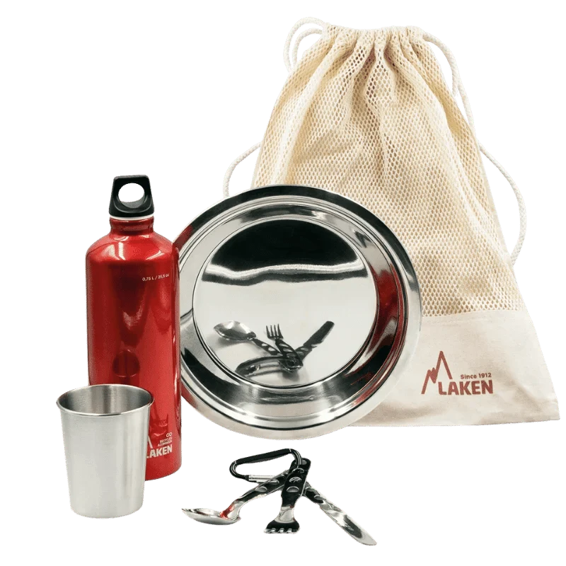 Set de camping / bivouac en inox avec assiette, gourde, tasse et couverts "Laken - Campo base"