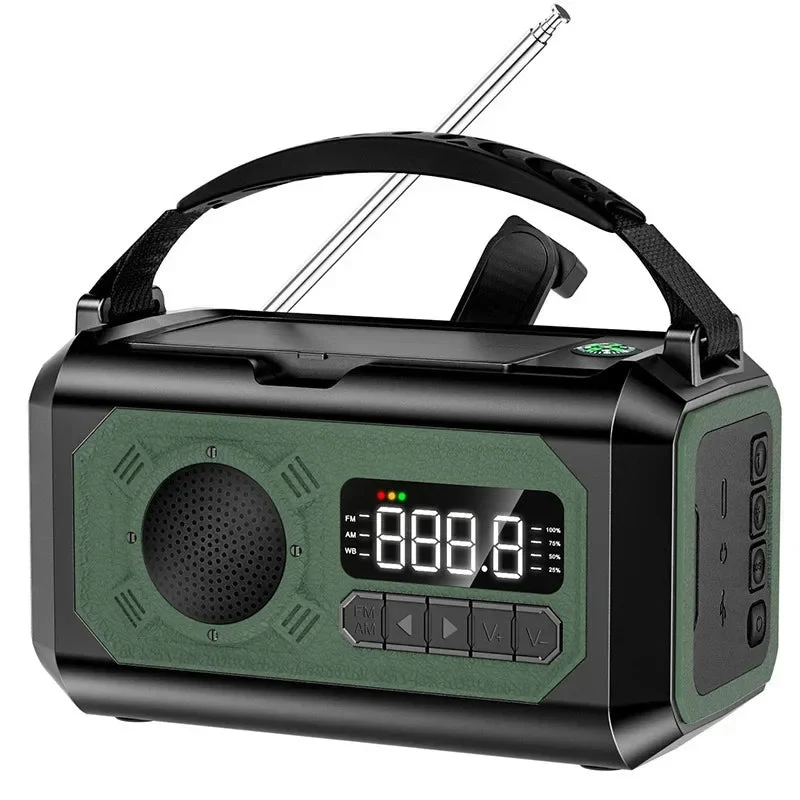 Radio d'urgence AM/FM portable avec éclairage LED 12 000 mAh, rechargeable USB, panneaux solaire et manivelle "ALLOYSEED - H17"