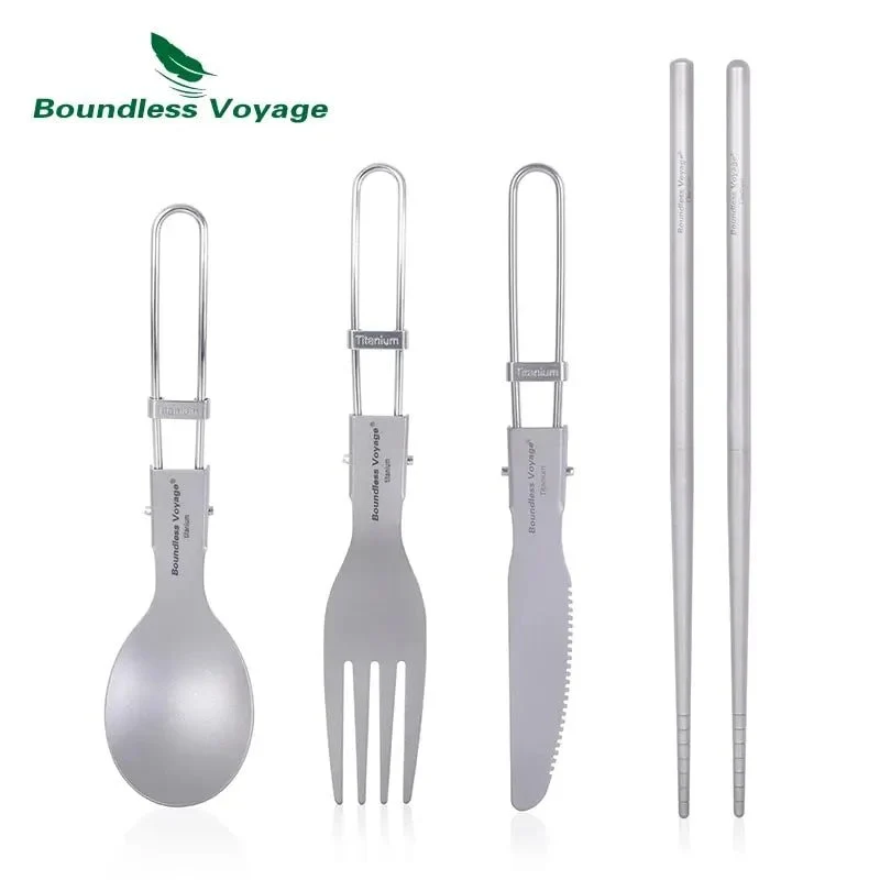 Ensemble de couverts en titane (cuitochette), couteau, cuillère, fourchette, baguettes portables "Boundless Voyage - Ti1122T / Ti1123T"