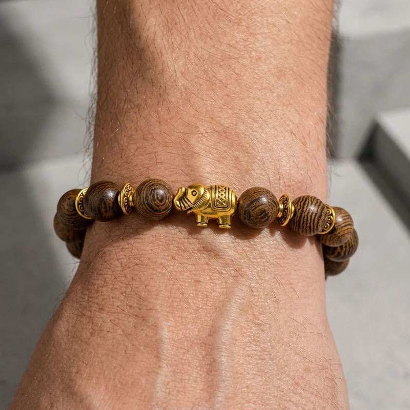 Bracelet Été Homme en Perles de Bois et Éléphant