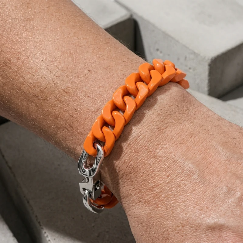 Bracelet Homme Orange en Maille Cubaine Laquée