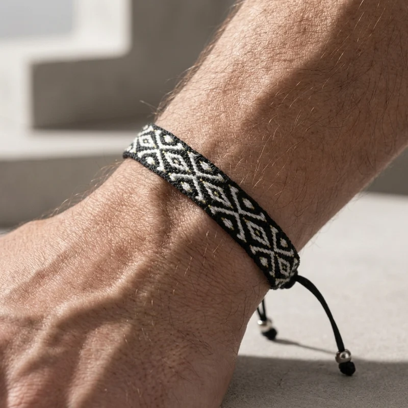 Bracelet Indien Homme, Ruban Tissé à Motifs Ethniques
