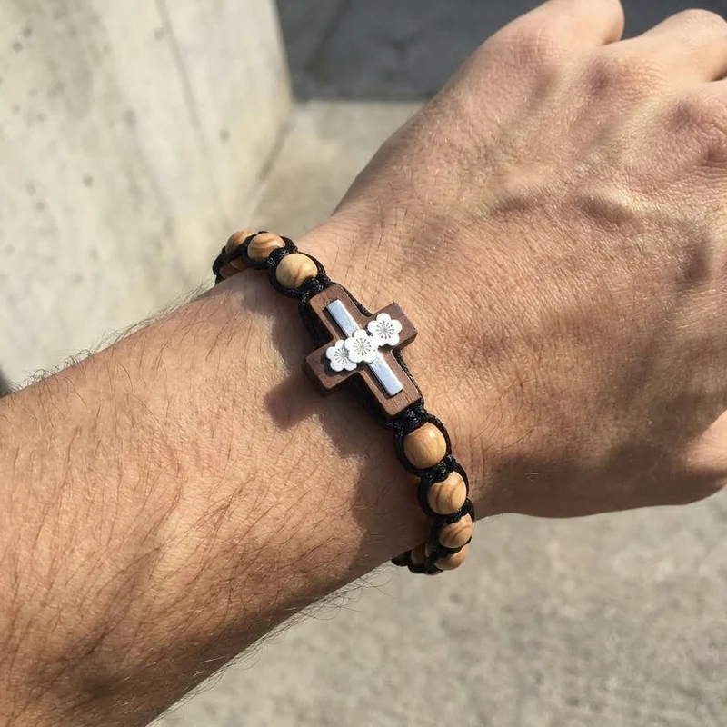 Bracelet Perle Croix Homme, Cordon Noir Tressé