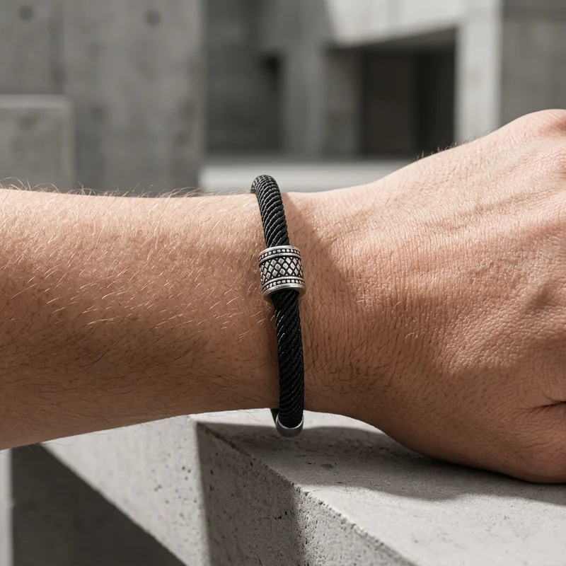 Bracelet Homme Fil Tressé Réglable, Bague en Acier Ciselé
