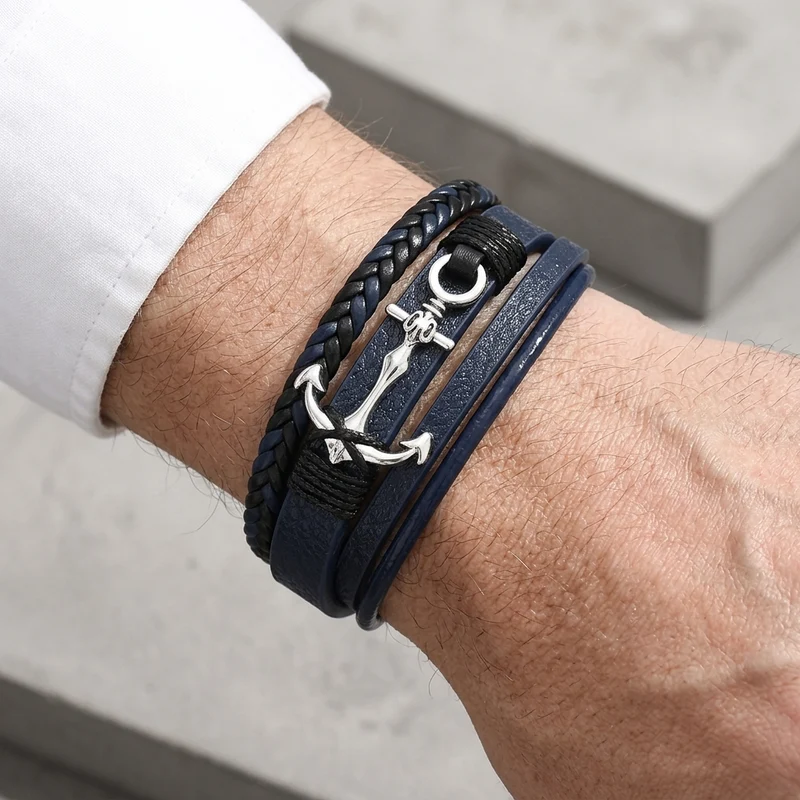 Bracelet Ancre Argent Homme Multi-Rangs, Trois Coloris