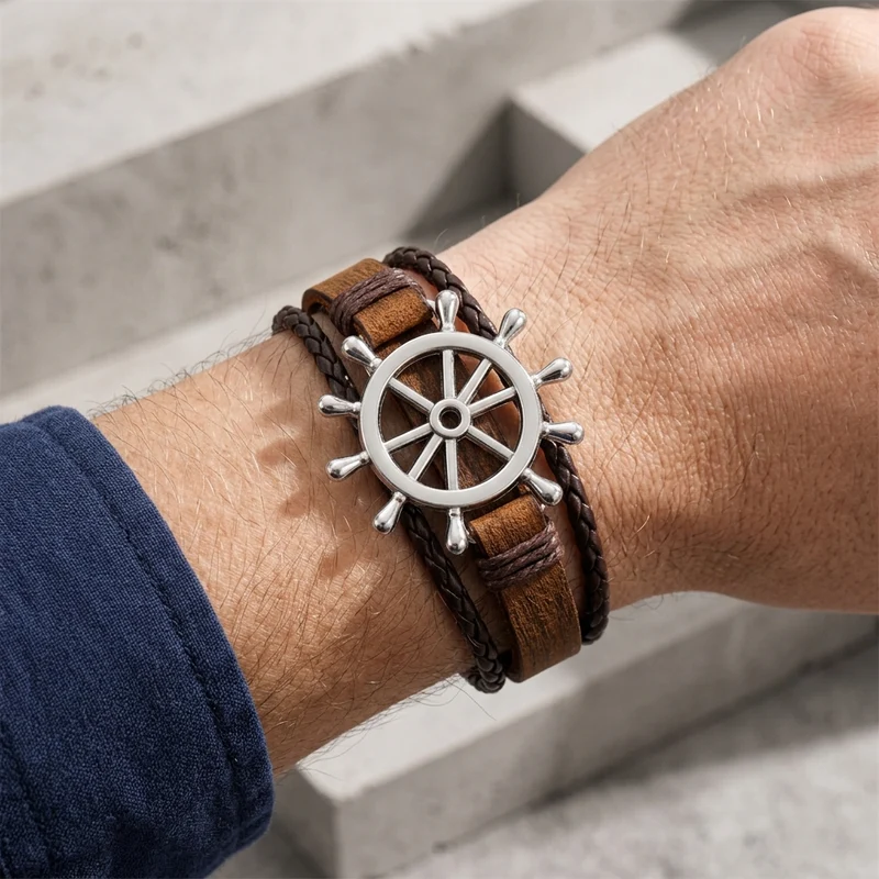 Bracelet Nautique Homme Barre à Roue en Cuir Marron