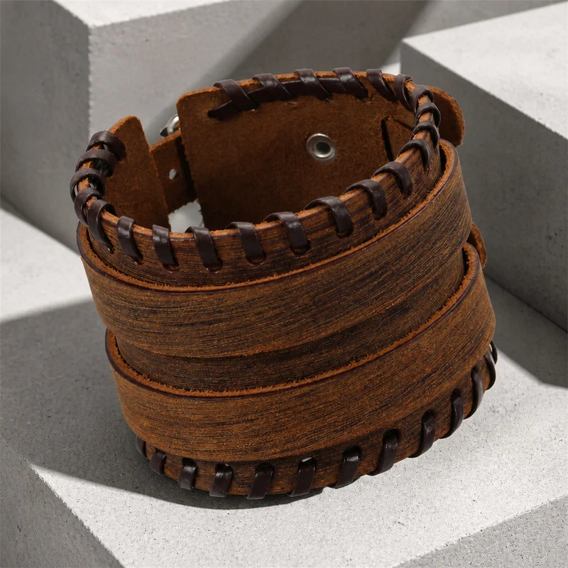 Bracelet Homme Boucle Double en Cuir Marron Patiné