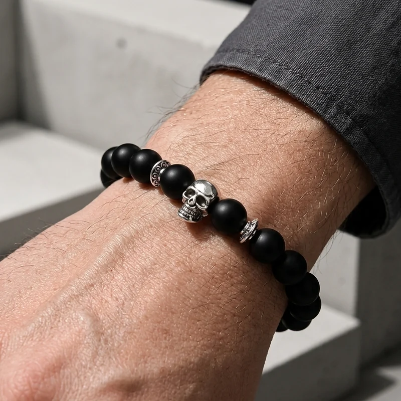 Bracelet Homme Élastique Tête de Mort et Perles de Pierre