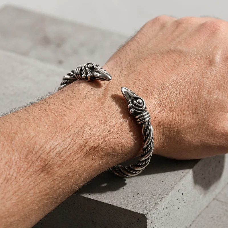 Bracelet Jonc Homme Viking, Deux Têtes de Corbeau