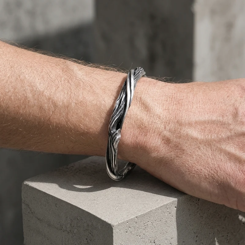 Bracelet Torque Homme, Jonc Ouvert Façon Branche