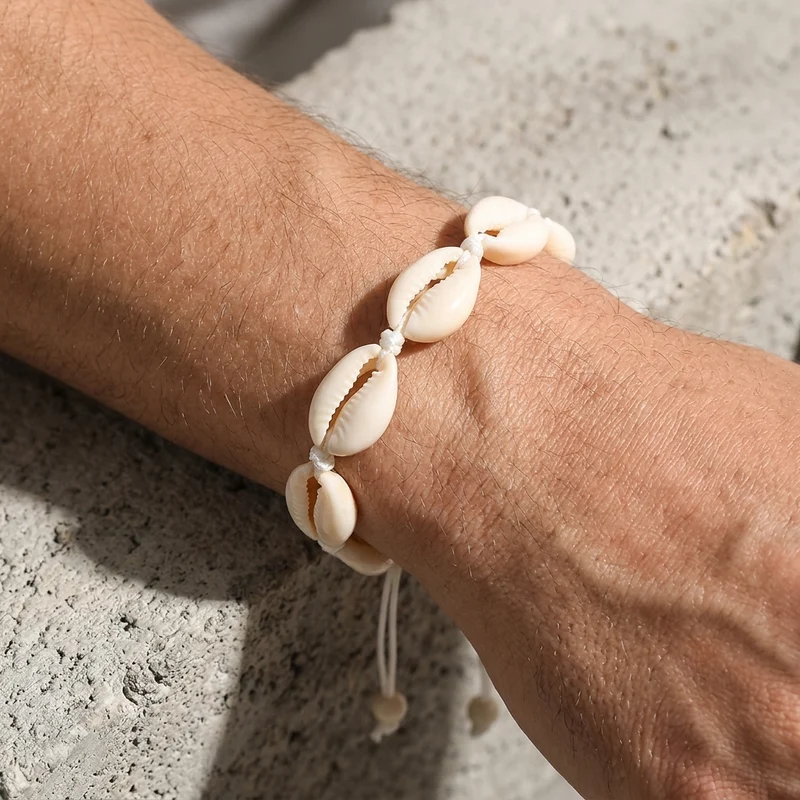 Bracelet Coquillage Homme, Cauris sur Cordon Tressé