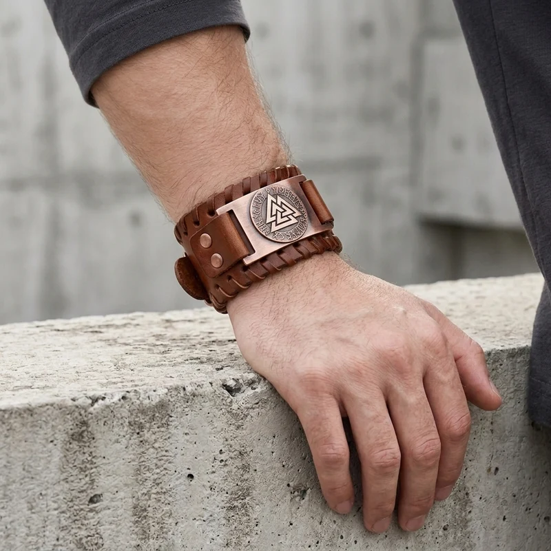 Bracelet Cuir Homme Artisanal, Médaillon et Tressage Main