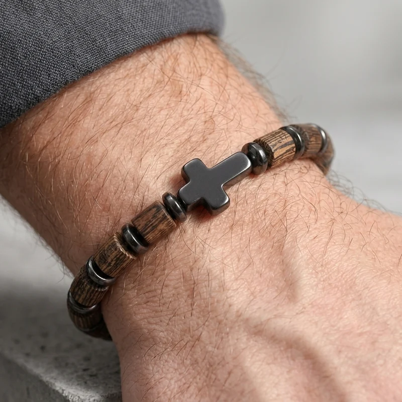 Bracelet Chapelet Homme, Perles de Bois et Croix