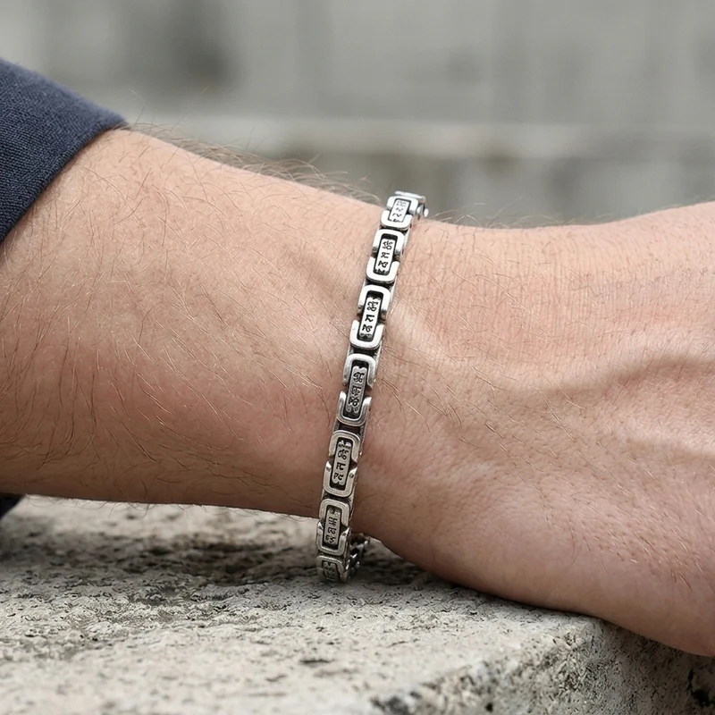 Bracelet Bouddhiste Homme, Mantra Gravé en Argent