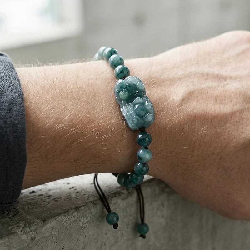 Bracelet Jade Homme, Pixiu Sculpté sur Cordon Tressé