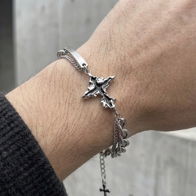 Bracelet Croix Homme Argent, Double Chaîne en Acier