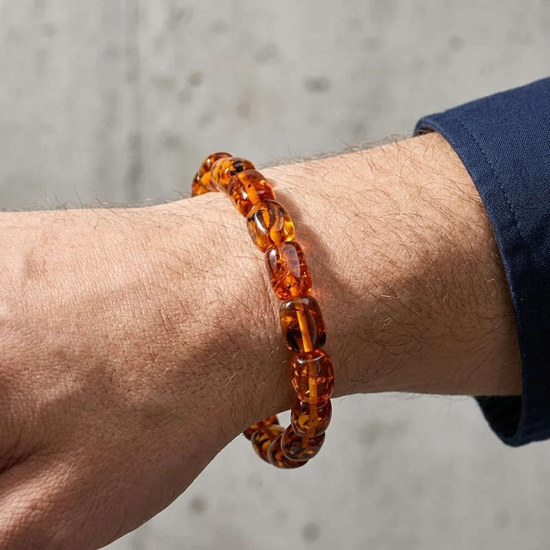 Bracelet Ambre Homme Rang de Perles Cognac Polies