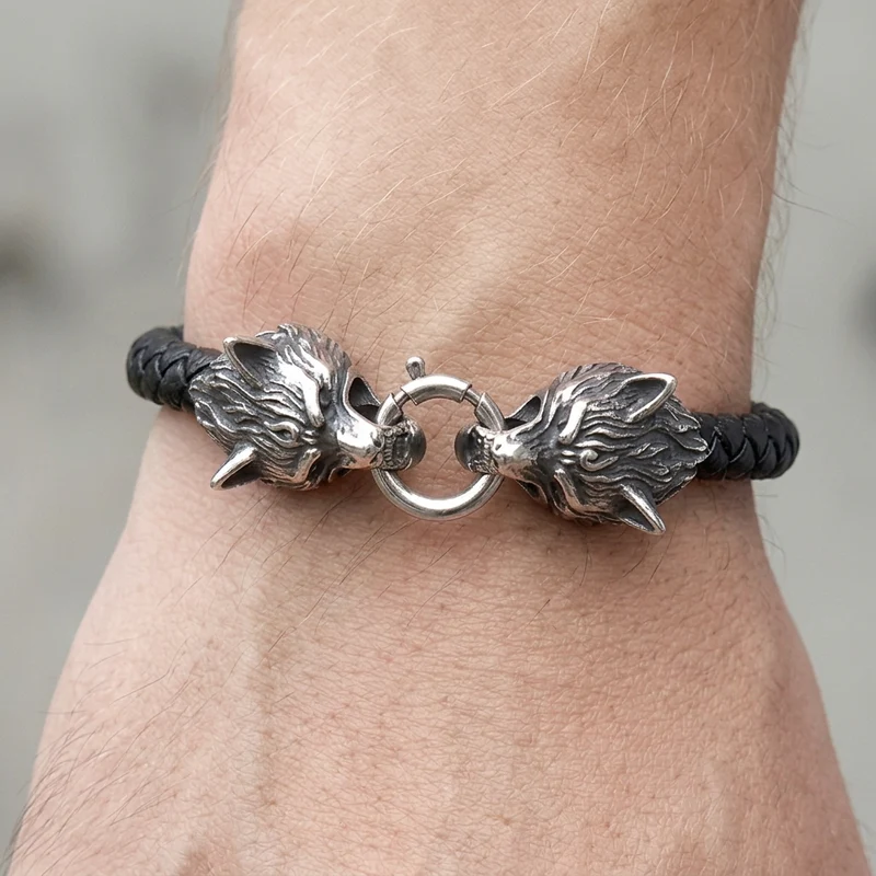 Bracelet Homme Tête de Loup Viking en Cordon Noir
