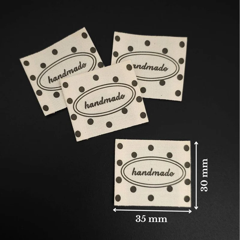 Étiquettes tissées « Handmade » | Pois noirs | Paquet de 4