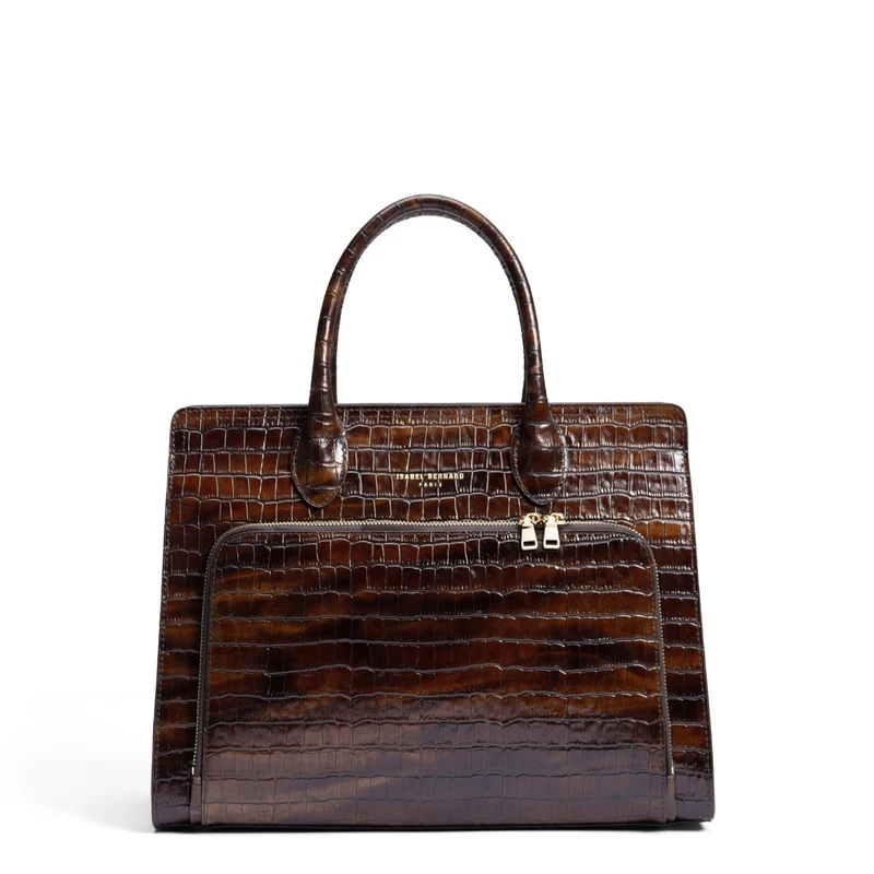 Isabel Bernard Honoré Nadine croco marron sac à main en cuir de veau avec compartiment pour ordinateur portable 13 pouces IB25110-230-13