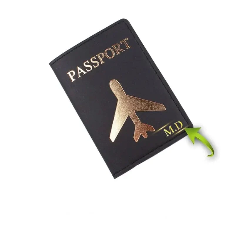 Protège-Passeport Personnalisé Avion Doré | Étui Pu avec Initiales