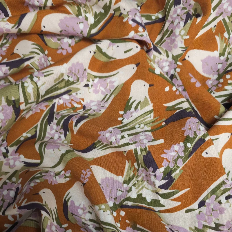 Tissu de viscose imprimé oiseaux | Brun & vert