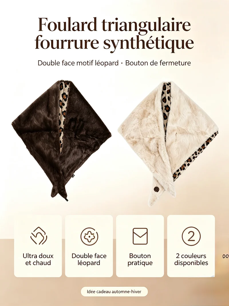 Foulard triangulaire fourrure synthétique double‑face léopard (x6)