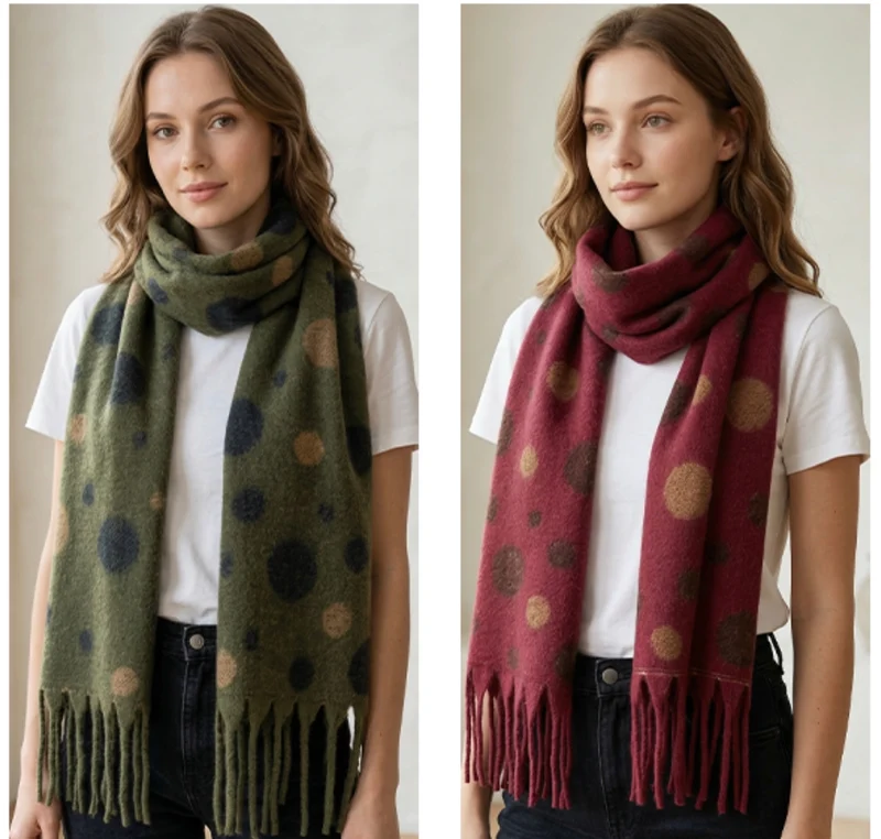 Écharpe femme à pois avec franges, douce et chaude automne‑hiver(x12)#23