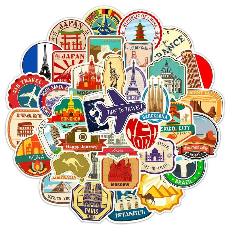 Autocollants Voyage Valise | 50 Stickers Pvc Colorés
