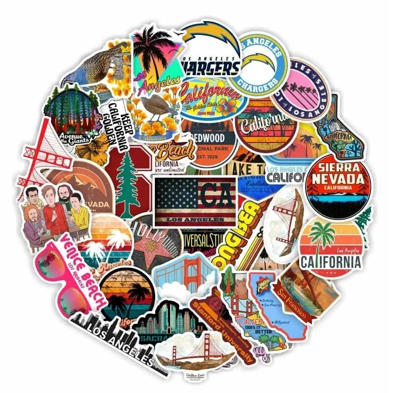 Autocollants Voyage Californie | Lot 50 Pvc 4-7 Cm
