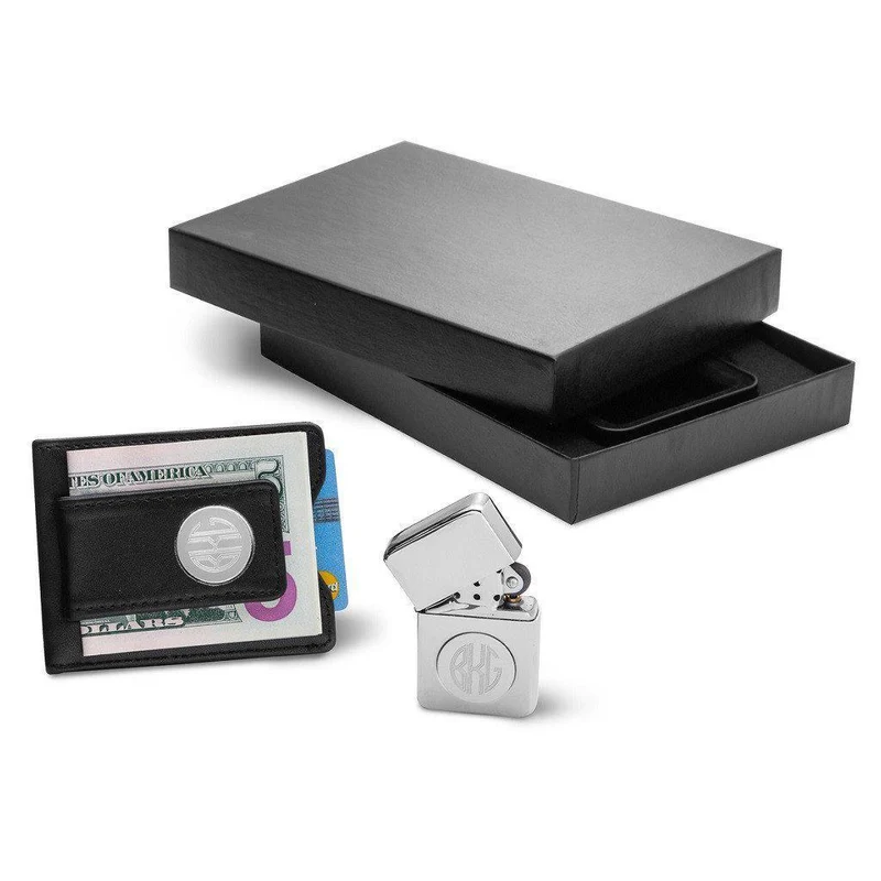 Black Leather Wallet & Chrome Lighter Personalized Set