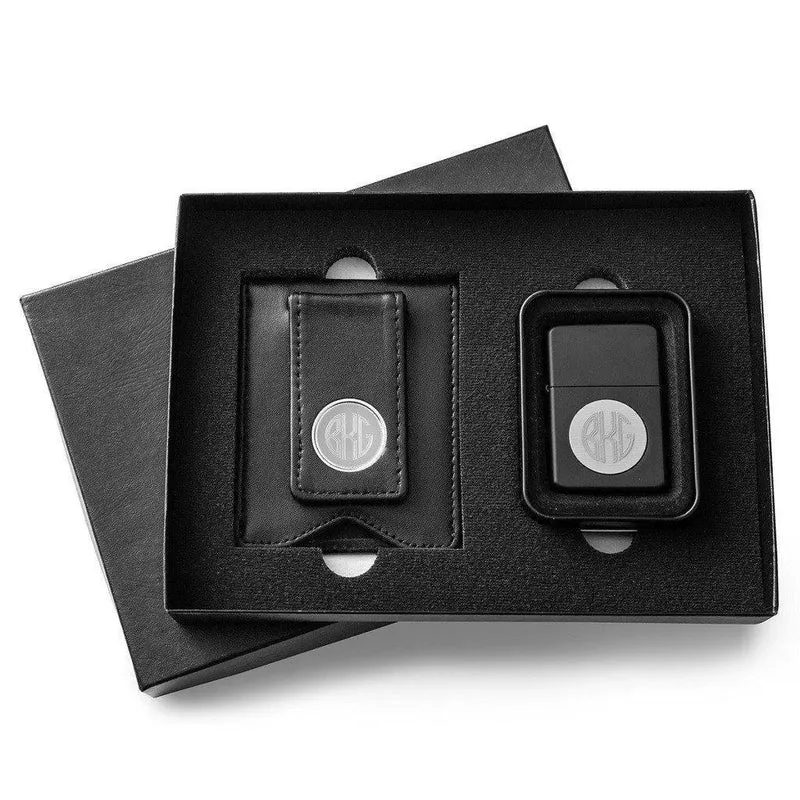 Black Leather Wallet & Black Lighter Personalized Set