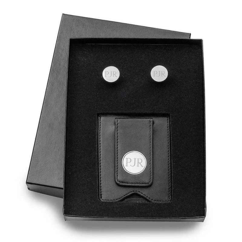 Black Leather Wallet and Pin Stripe Cufflinks Personalized Set