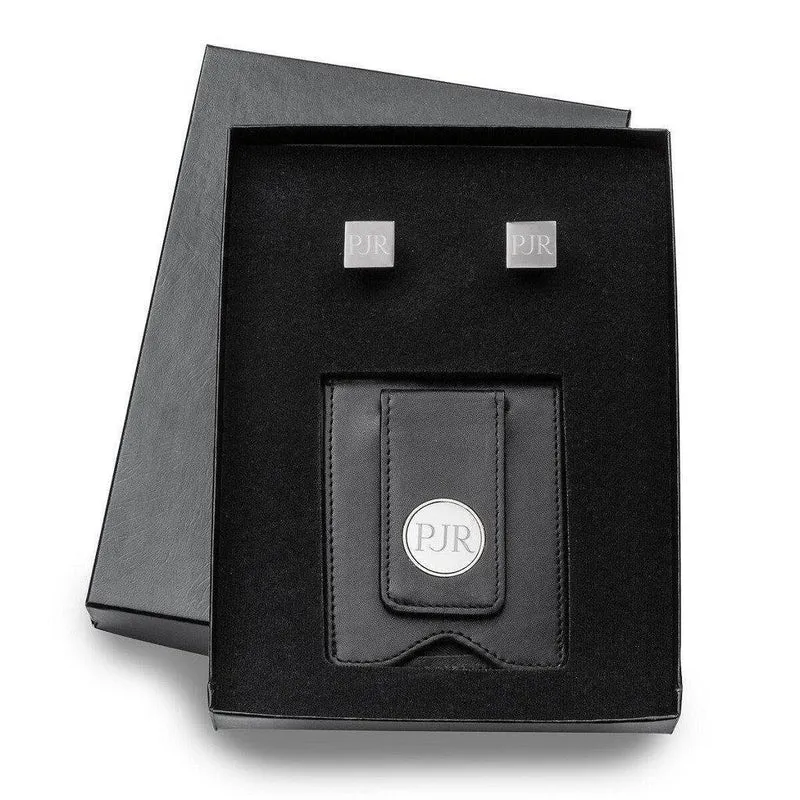 Black Leather Wallet and Gunmetal Square Cufflinks Personalized Set