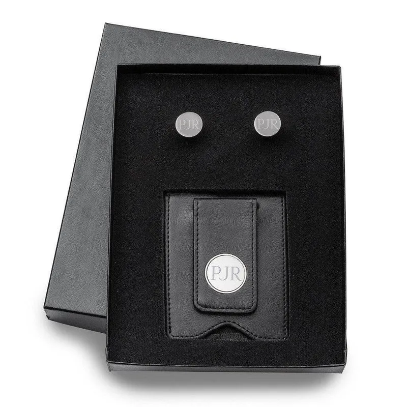 Black Leather Wallet and Gunmetal Round Cufflinks Personalized Set
