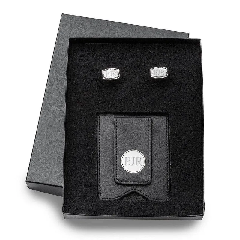 Black Leather Wallet and Beaded Rectangular Cufflinks Personalized Set