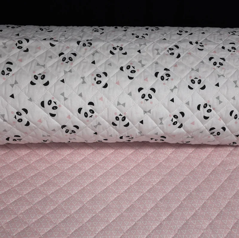 Coton matelassé réversible | Panda & Triangles blush | Rose doux