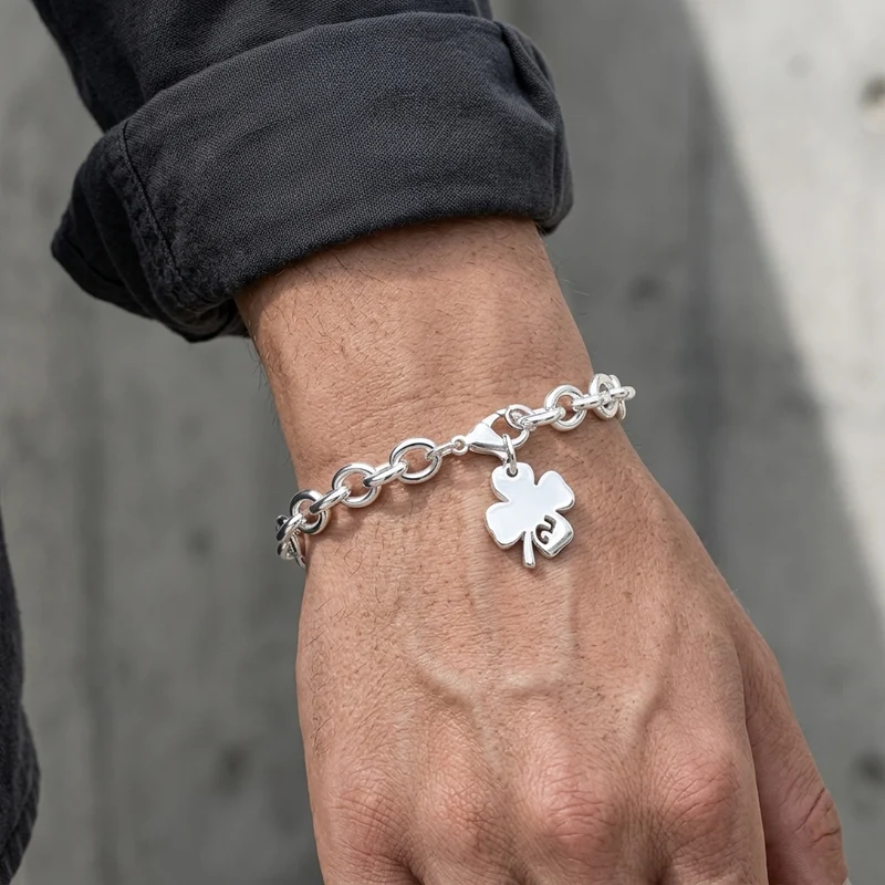 Bracelet Porte Bonheur Homme Trèfle Argenté à Maillons