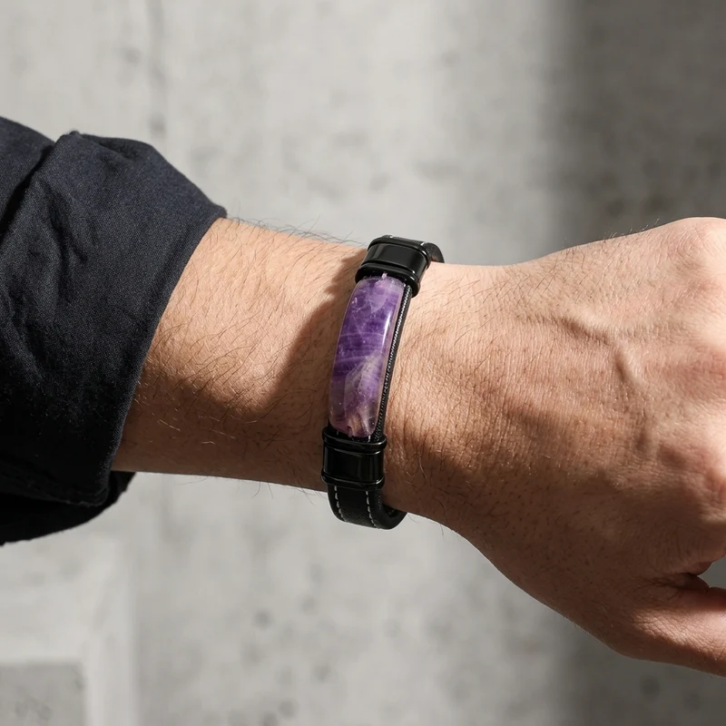 Bracelet Améthyste Homme, Pierre Violette sur Cuir Noir