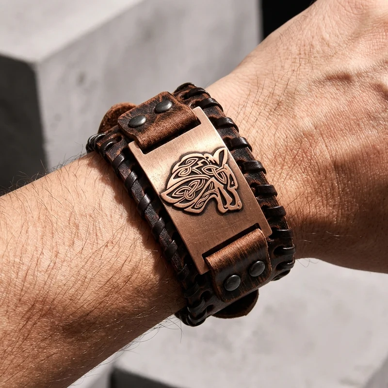 Bracelet Cuir Homme Viking Large à Tête de Loup