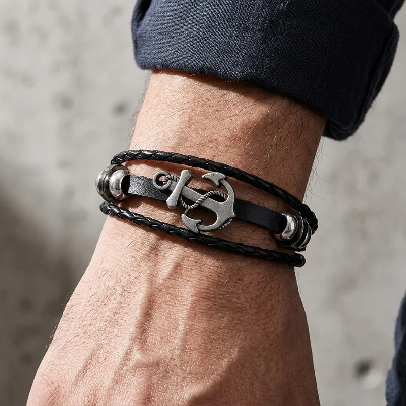 Bracelet Homme Cuir Ancre, Rangs Tressés Patinés