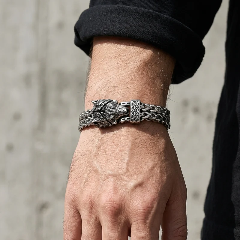 Bracelet Loup Homme Viking, Maille Acier Argentée