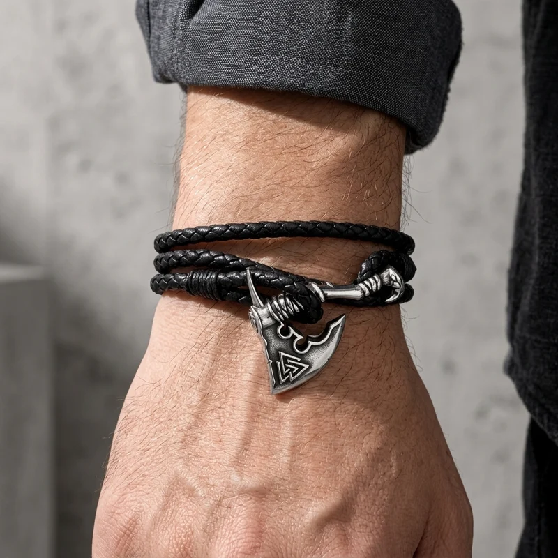 Bracelet Nordique Homme en Cuir Tressé Véritable
